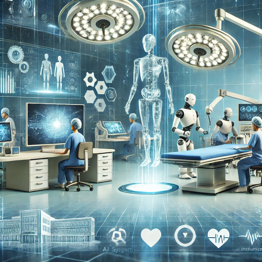 A dynamic healthcare facility using AI-driven medical solutions for diagnostics and treatments in a sustainable environment.